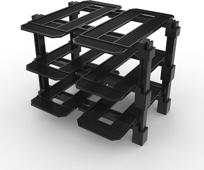 Modular racing garage display rack with small brick race cars in each bay – view 2