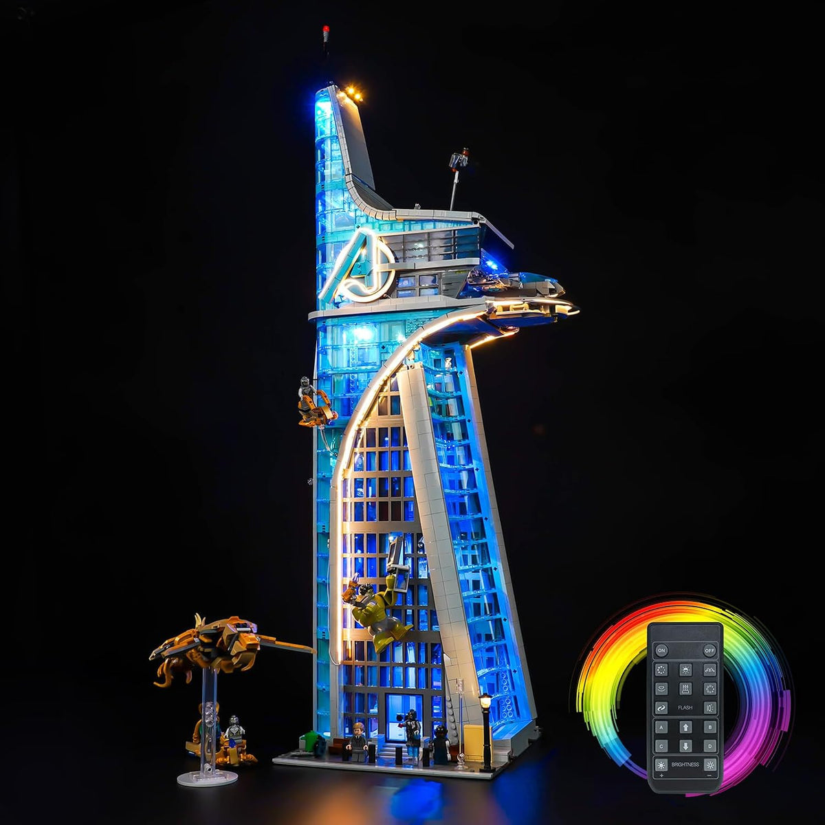 Tall superhero team tower brick model glowing with LED lights