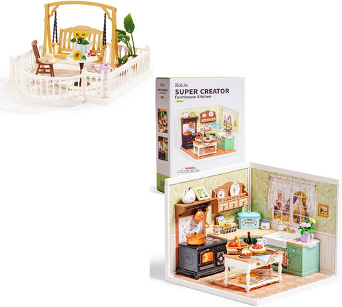 Miniature brick-built farmhouse kitchen with tiny utensils and rustic furniture