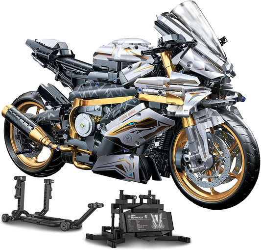 Built white and gold 1:5 scale superbike brick model on a display stand