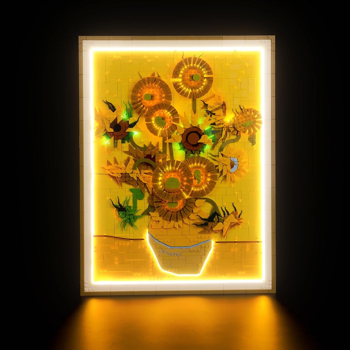 Brick-built sunflowers painting in a vase lit by LED lights – view 2