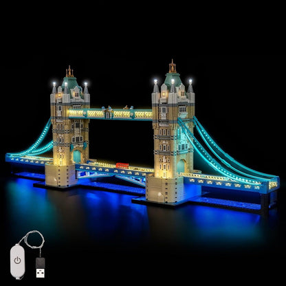 London Tower Bridge brick model lit with bright LED lights along towers and walkways – view 2