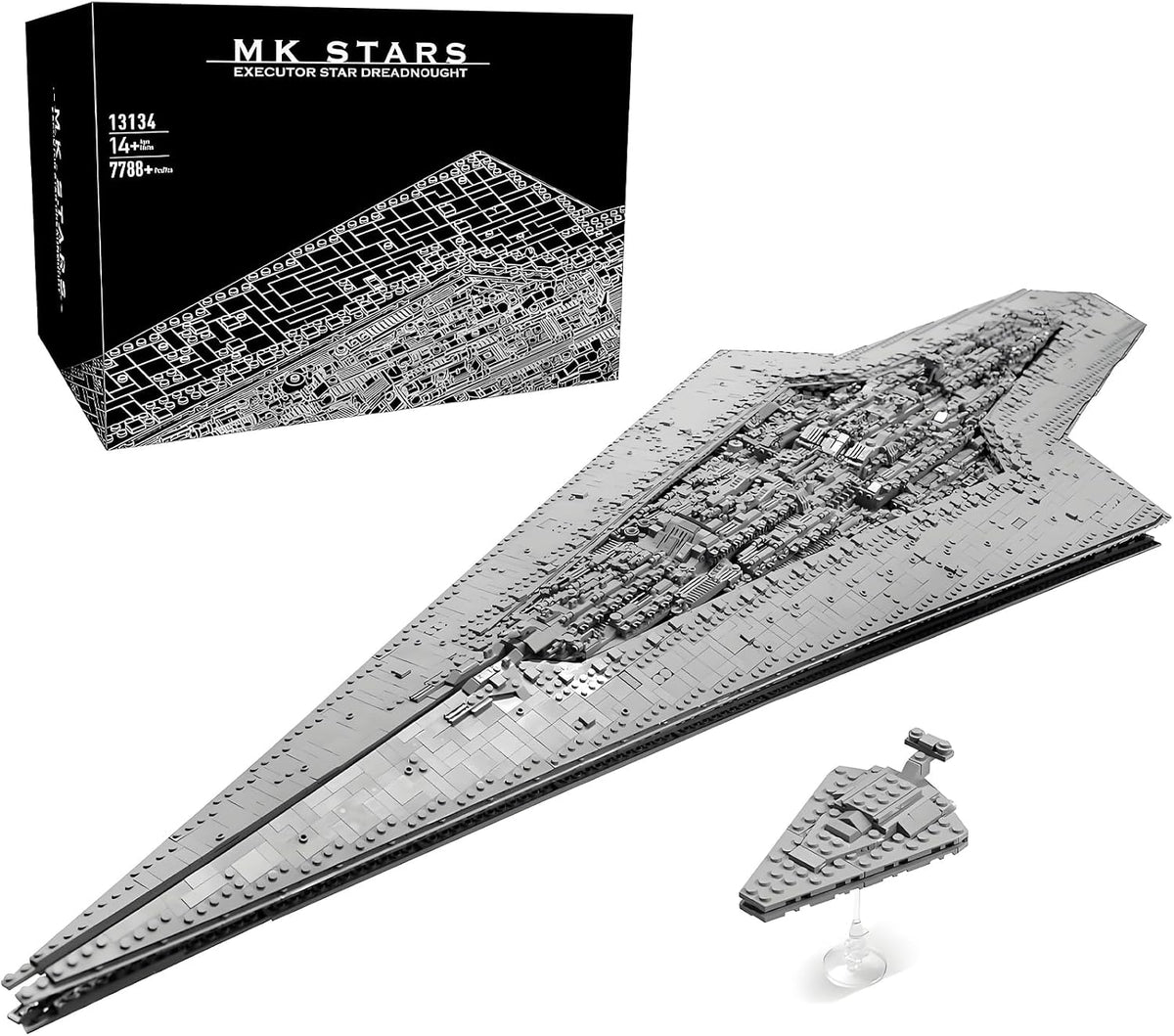 Brick-built gray wedge-shaped space attack cruiser on an elevated display stand – view 5