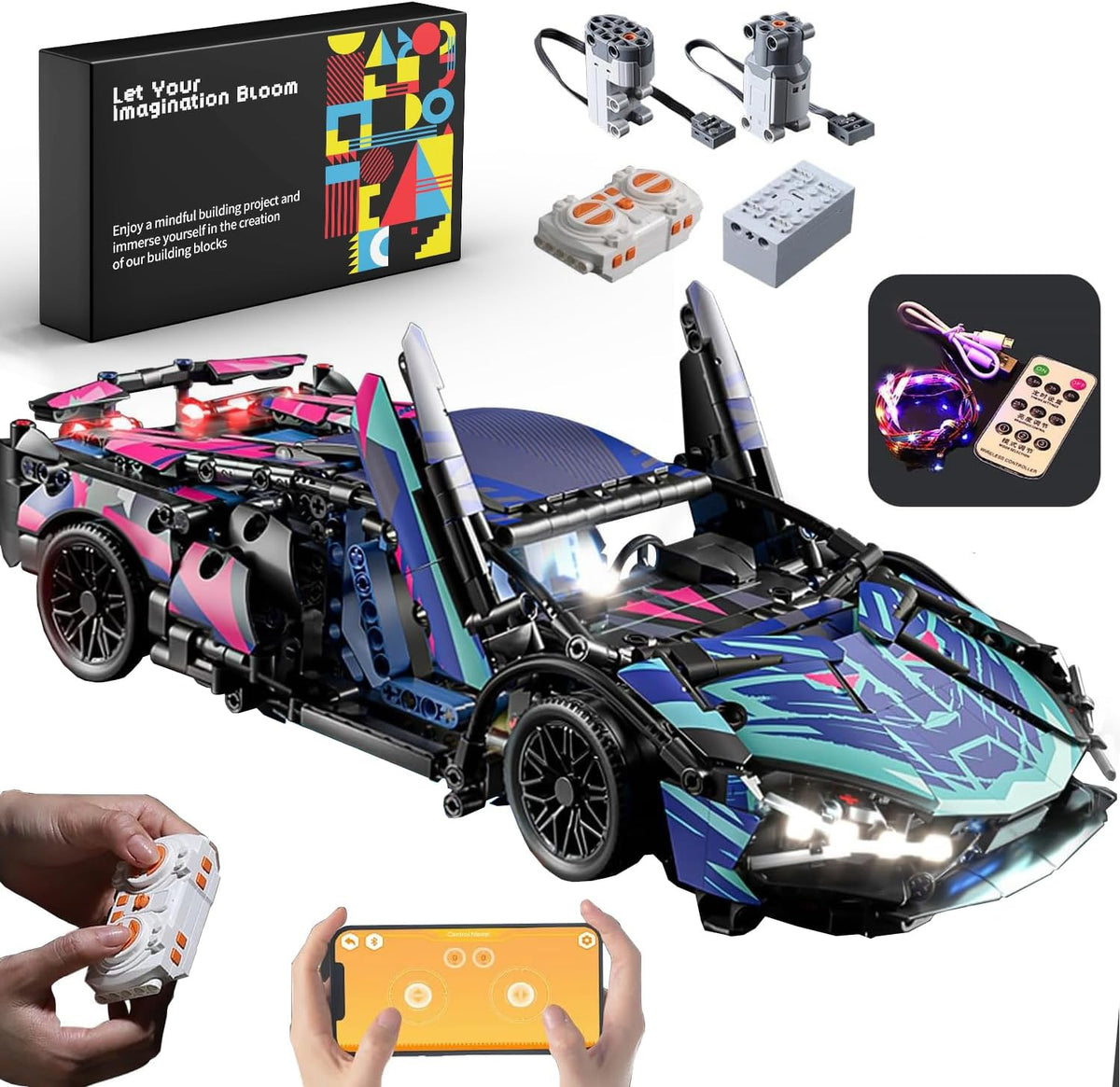 Brick-built 1:14 scale sport race car with LED headlights