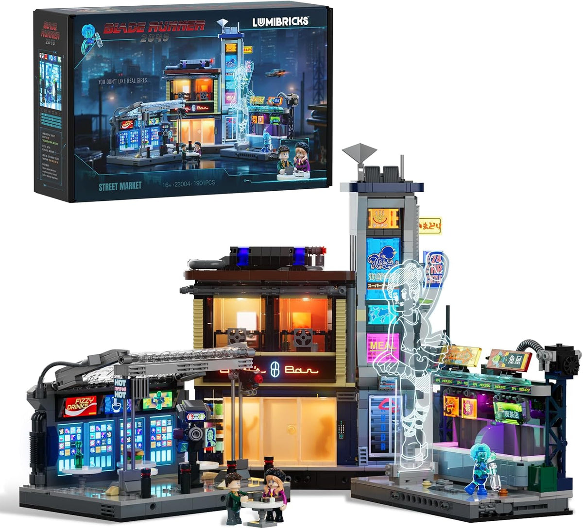 Glowing futuristic street market brick scene with neon signs