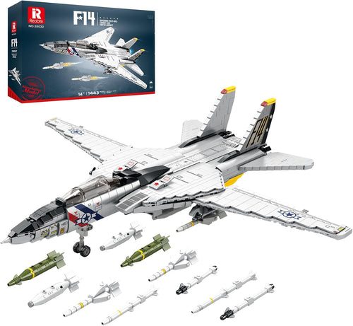 Built swing-wing fighter jet brick model with wings swept back
