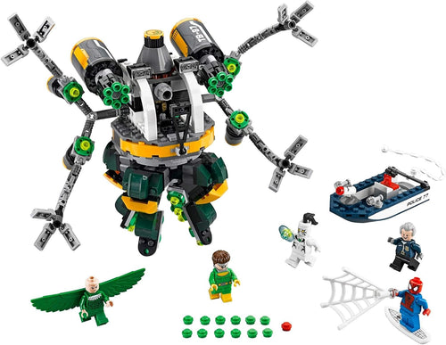 Brick tentacle robot facing a blue police speedboat and surfboard with hero figures