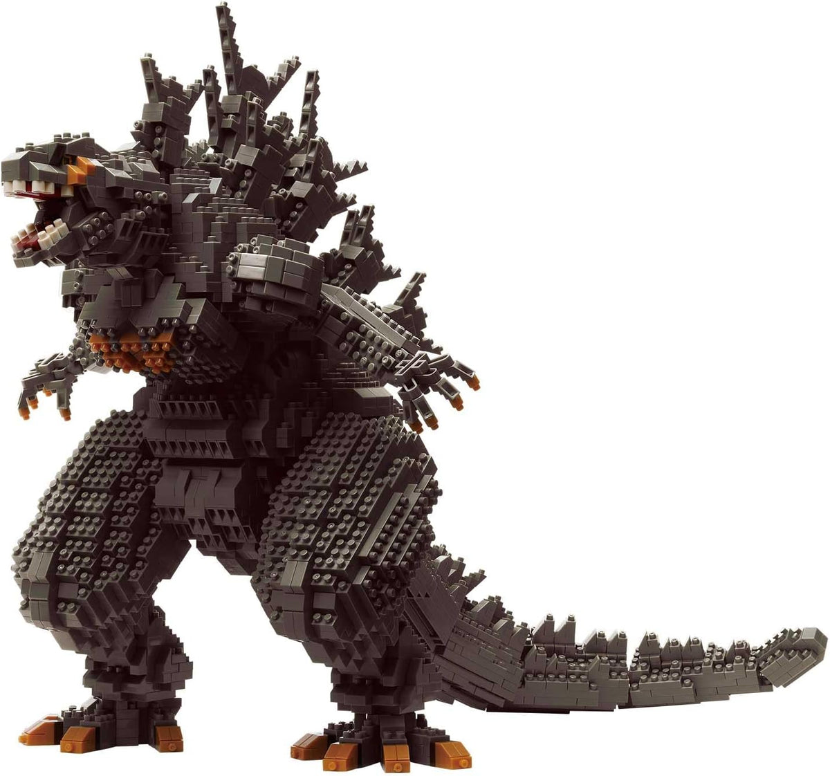 Micro-brick sculpture of a giant reptilian monster with jagged dorsal spines