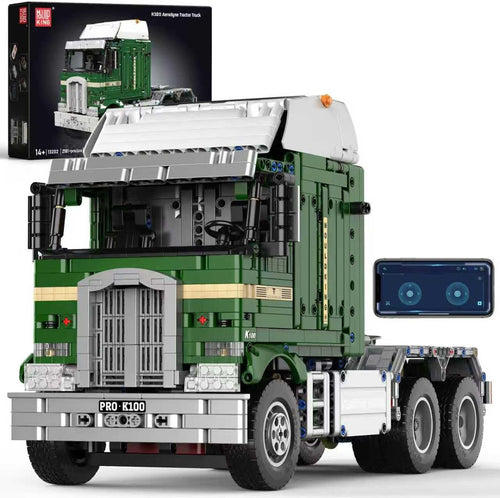 Built remote control semi truck brick model with fifth wheel coupling and open cab doors