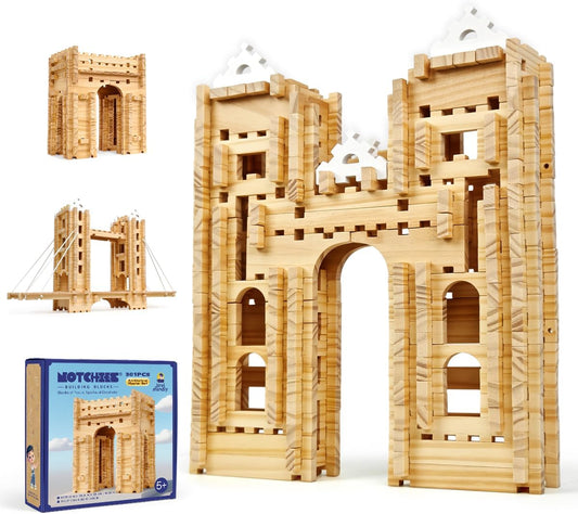 Natural pine notched wooden blocks built into a small house