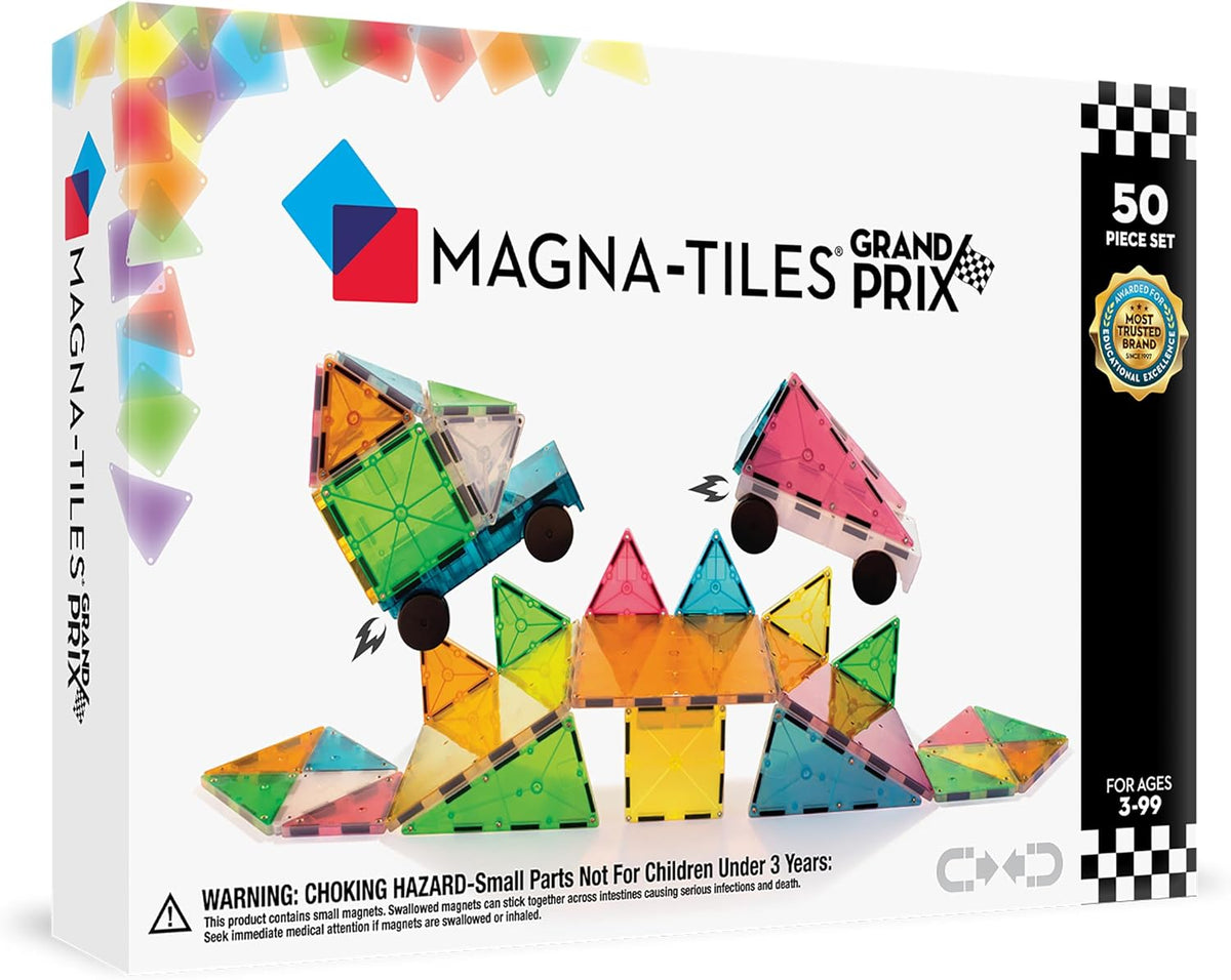 Colorful magnetic tiles built into a racing-themed structure