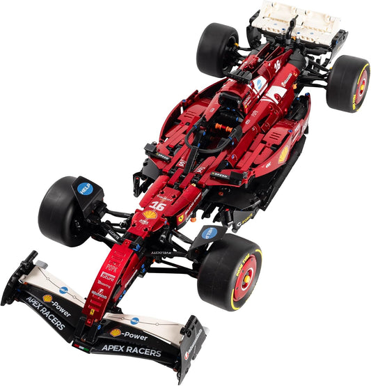 Large red open-wheel race car brick model with front wing and wide tires