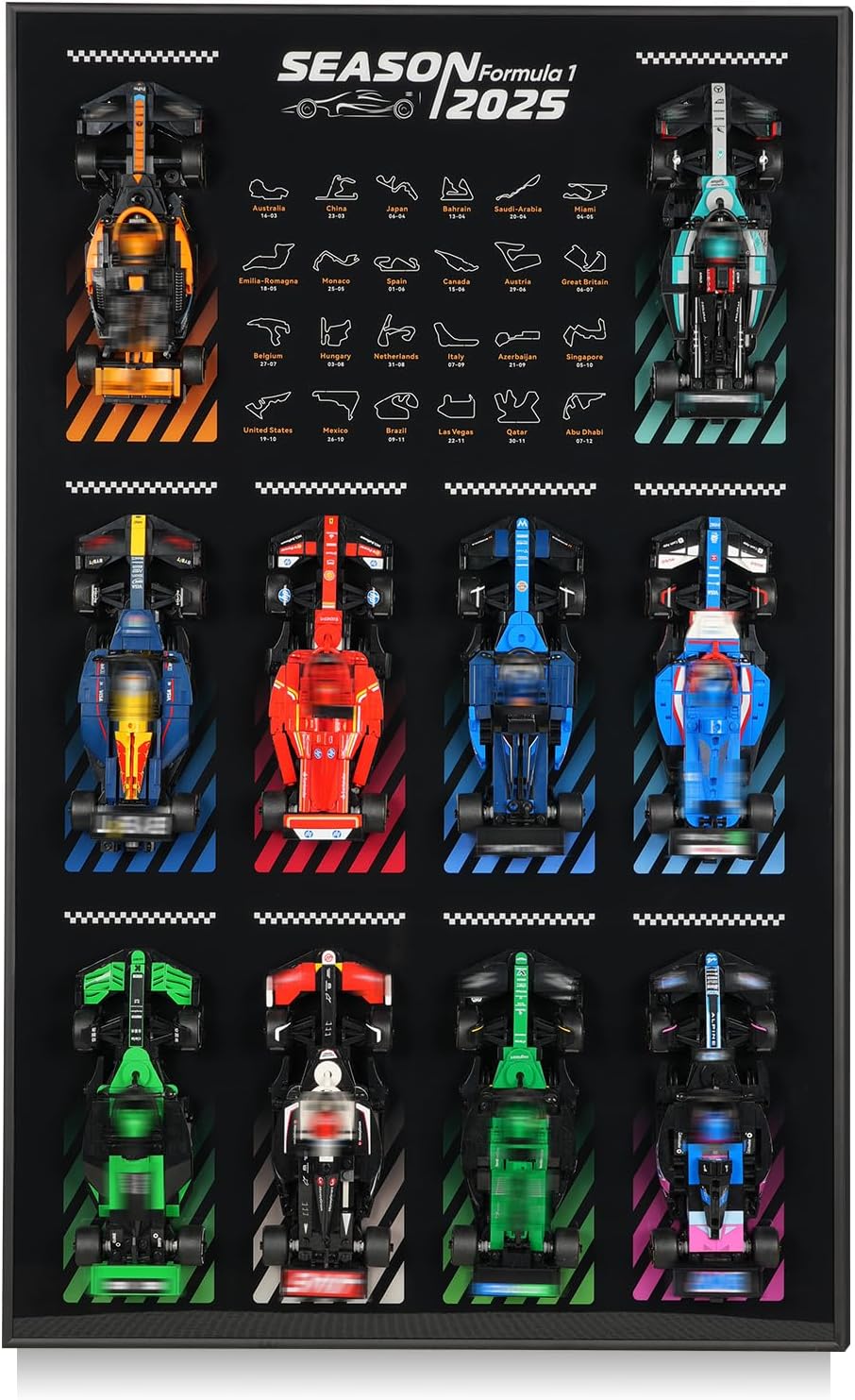 Wall-mounted display board holding a row of brick-built open-wheel race cars