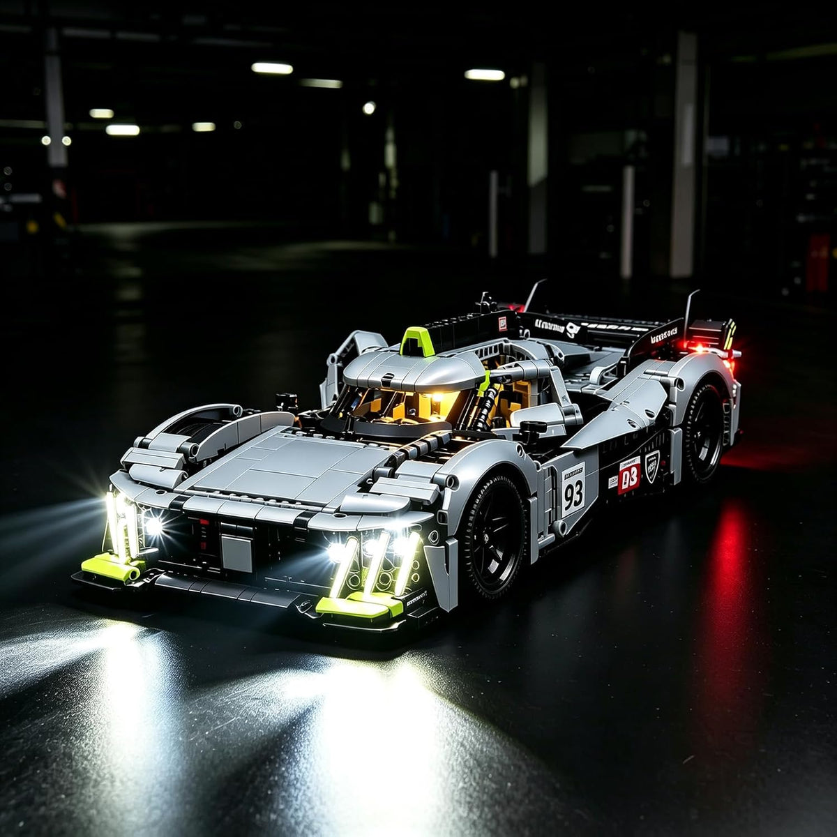 Brick-built endurance racing hypercar with glowing LED headlights and light strips