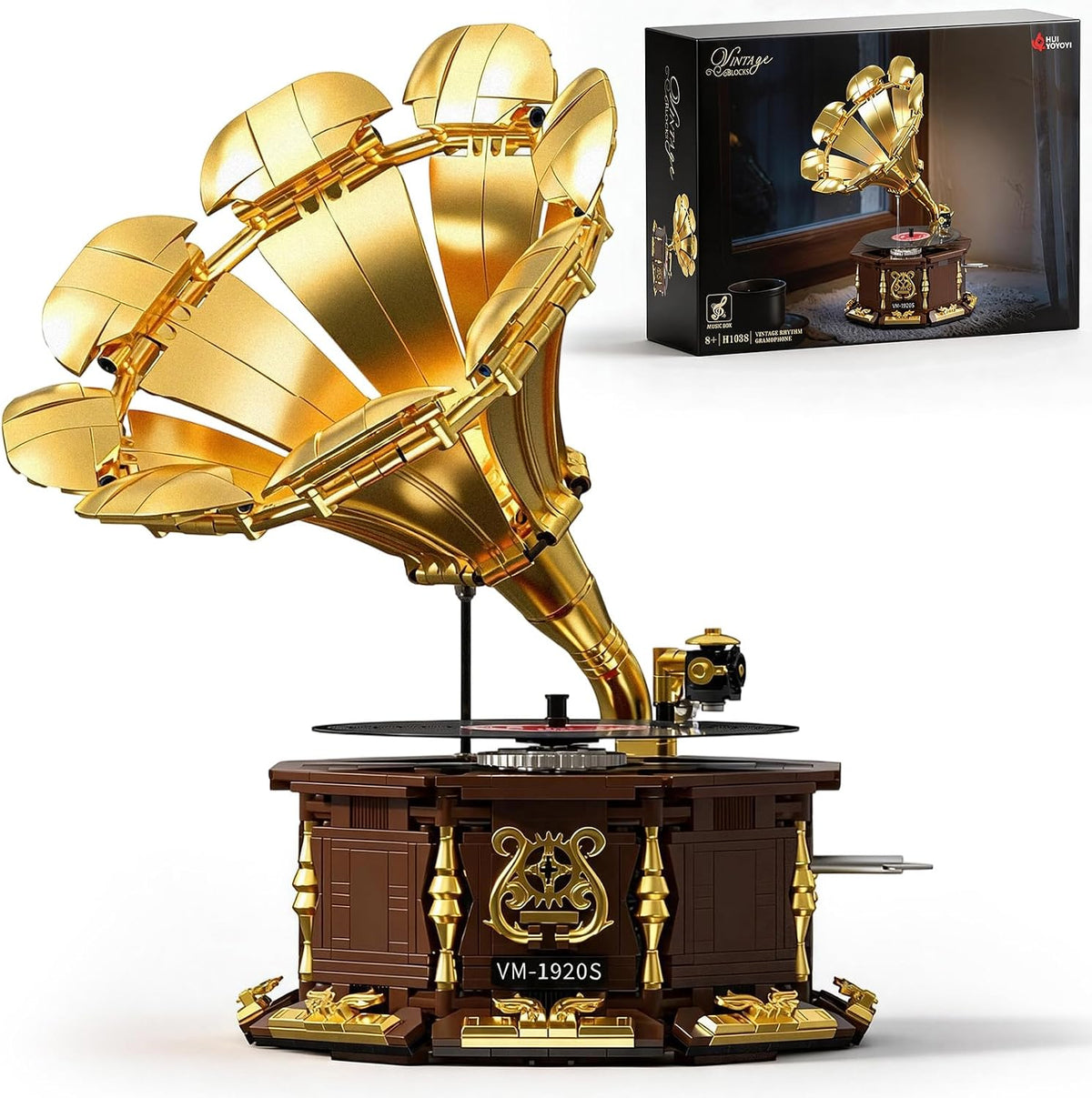 Brick-built vintage gramophone with large flared horn on a wooden-look base