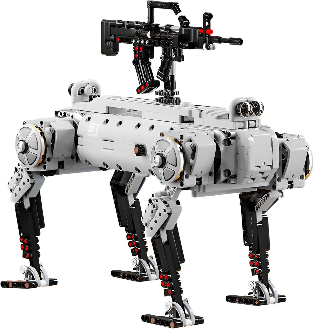 Brick-built mechanical military robot dog standing on four legs