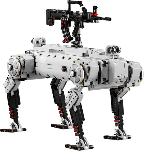 Brick-built mechanical military robot dog standing on four legs