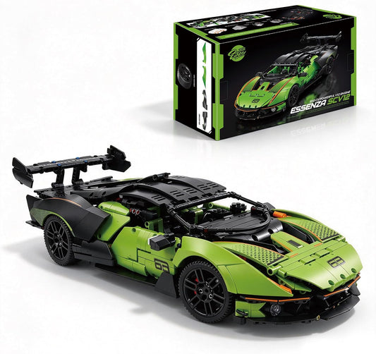 Green brick-built 1:10 race hypercar with large rear wing and honeycomb panels