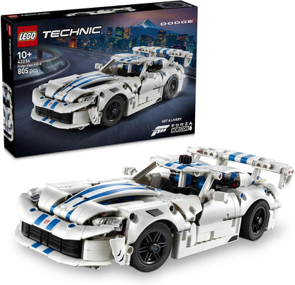Brick-built blue sports racing car with white stripes, open doors and large spoiler