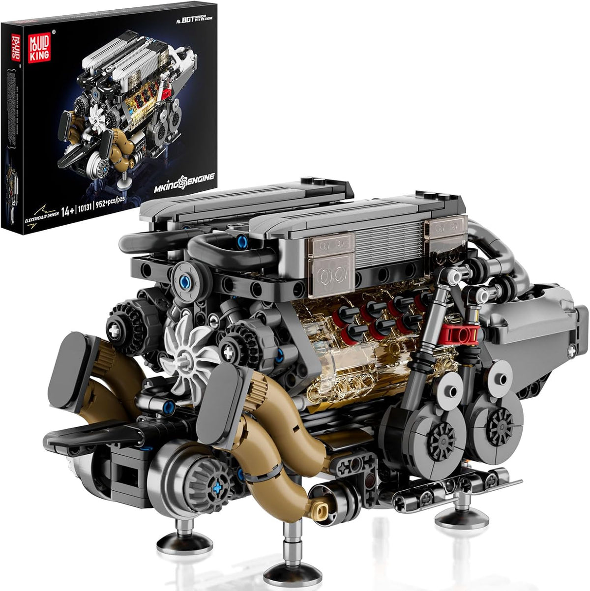 Brick-built W16 engine model with transparent cylinders and visible pistons and gears