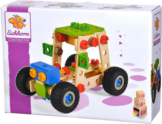 Wooden ATV assembled from a beige construction kit with screws and a toy wrench