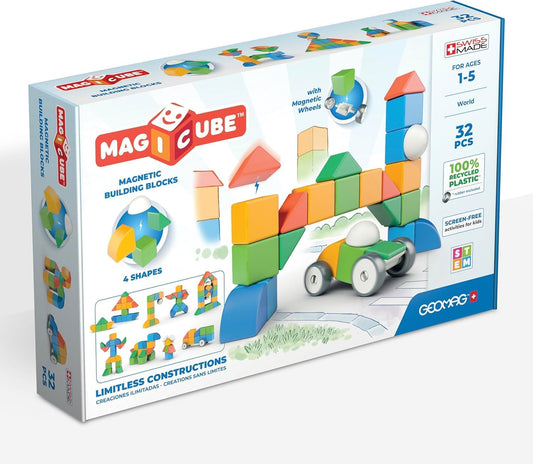 Colorful large magnetic cubes stacked into a simple toddler tower