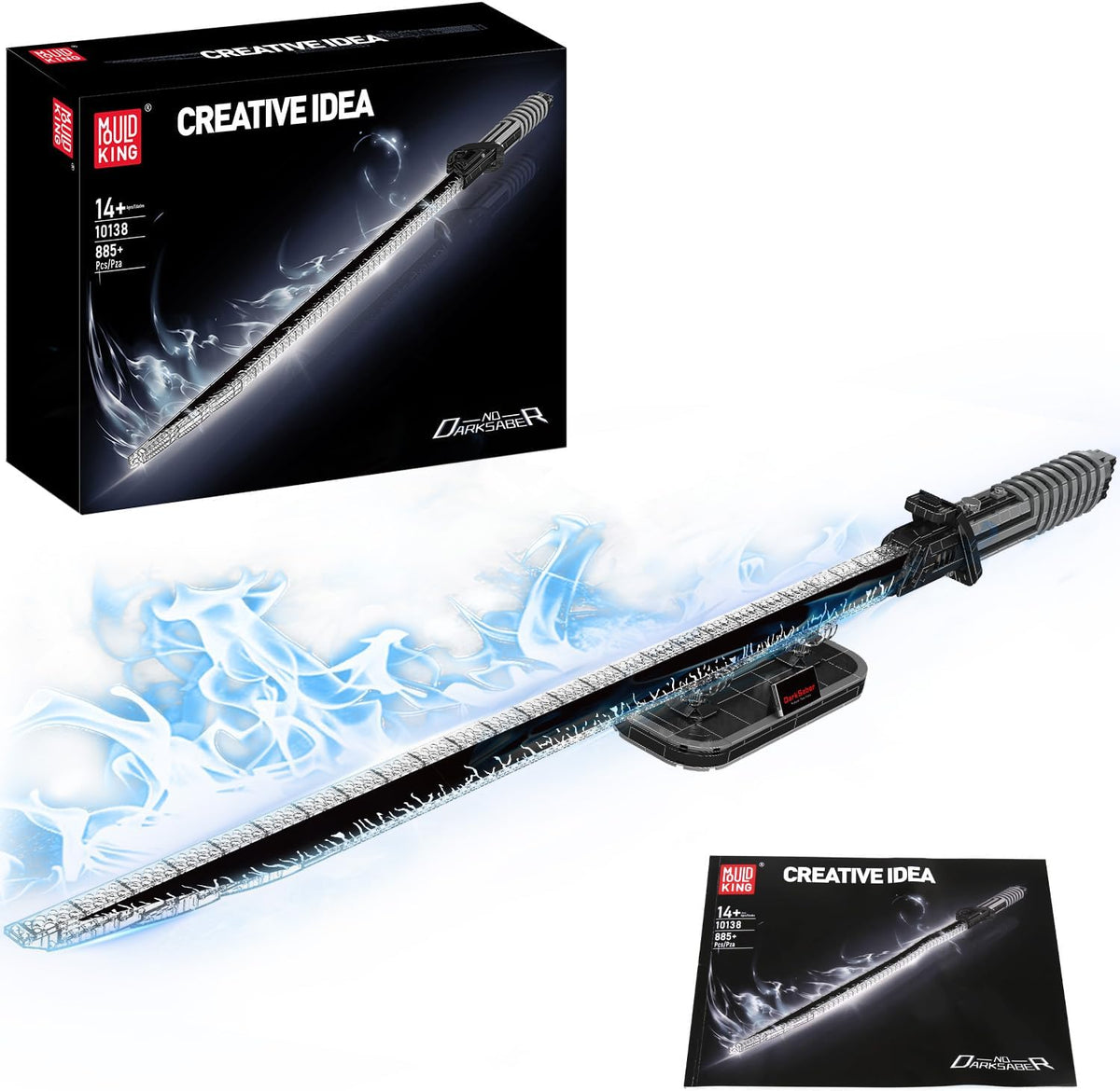 Black-bladed light sword brick model glowing on its display stand with nameplate