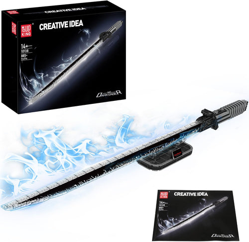 Black-bladed light sword brick model glowing on its display stand with nameplate