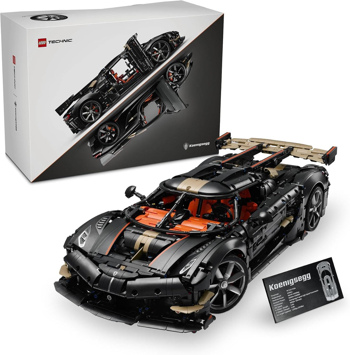 Brick-built blue sports racing car with white stripes, open doors and large spoiler – view 4