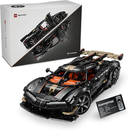 Brick-built blue sports racing car with white stripes, open doors and large spoiler – view 4