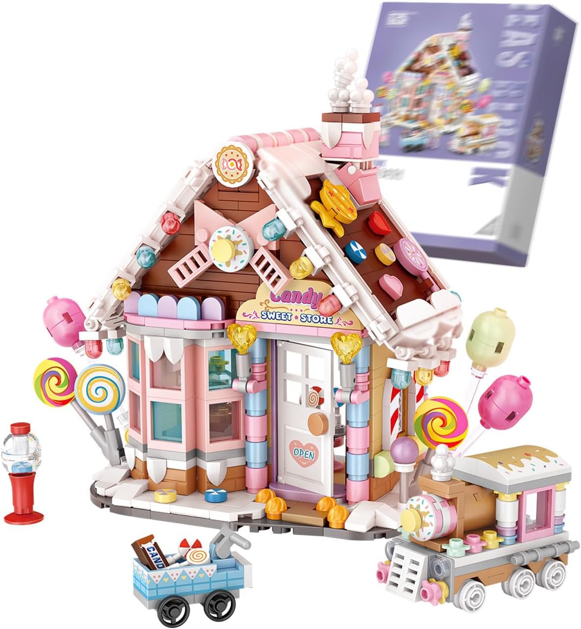 Built snowy holiday bakery with red awning, fountain and snack stand – view 11
