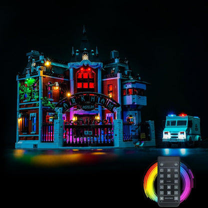 LED lights illuminating windows of a gothic asylum brick model