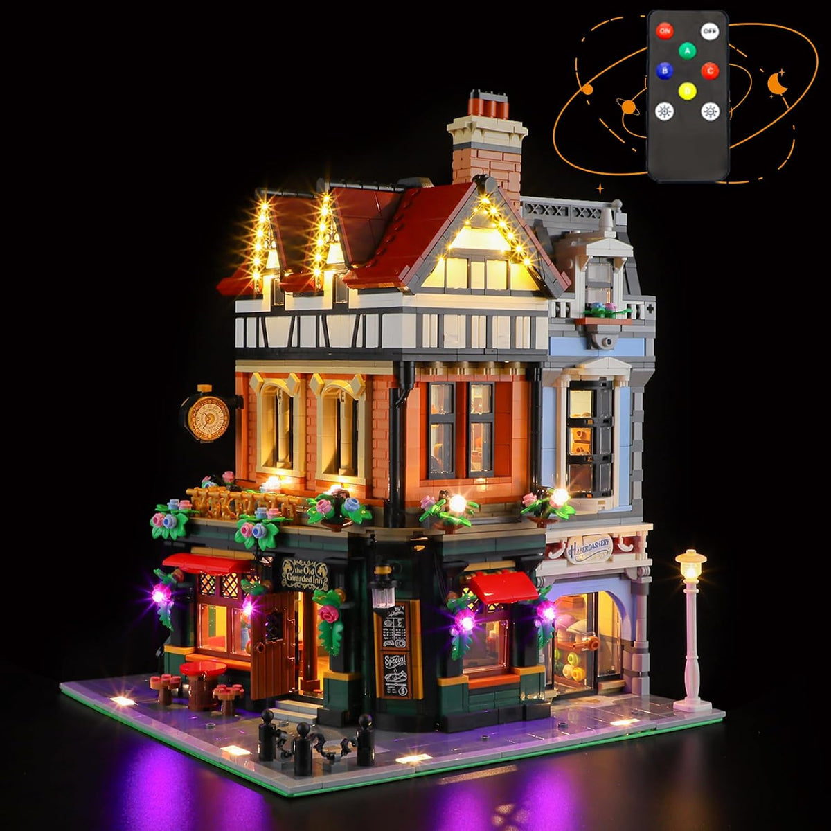 LED light kit illuminating a Tudor-style corner building brick model