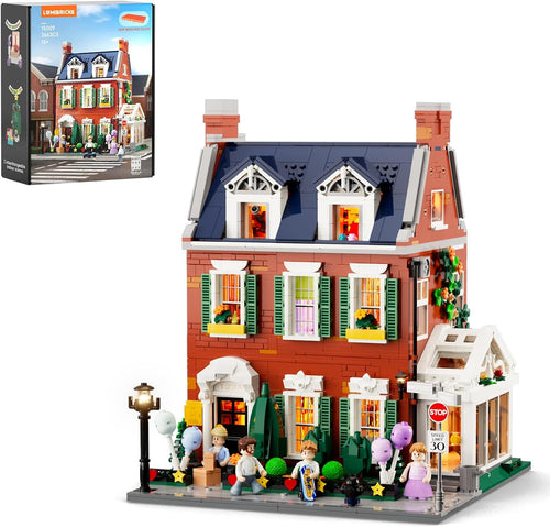 Lit red brick row house brick model with glowing windows