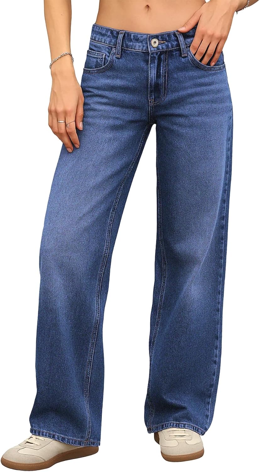 Women's Low Rise Baggy Jeans - Straight Leg Stretch Denim in a Loose Boyfriend Fit for Y2k Outfits - 2