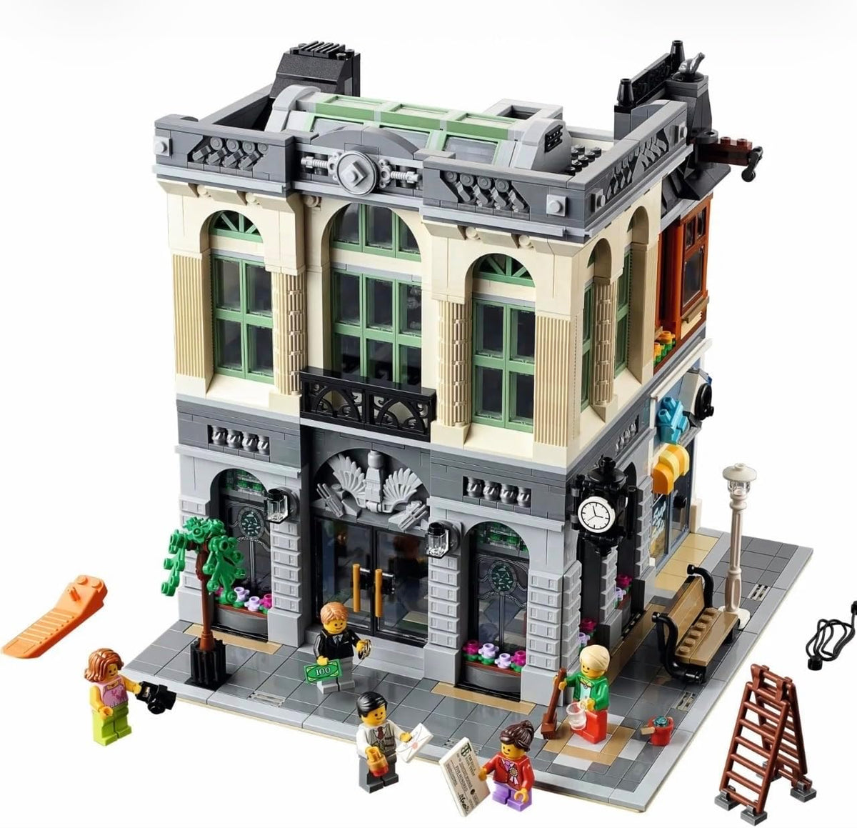 Brick-built classic bank building with tall arched windows, columns and a corner entrance