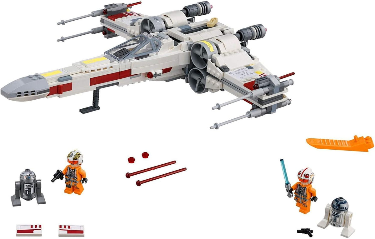 White and red brick-built space starfighter with wings in attack position