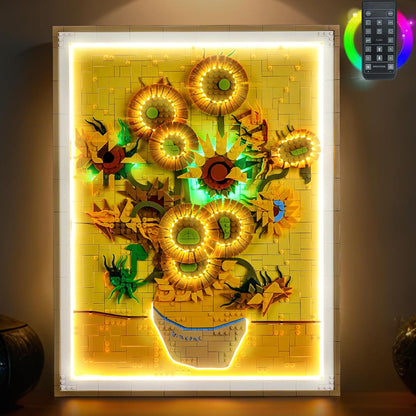 Brick-built sunflowers in a vase painting lit by soft LED lights on a wall – view 3