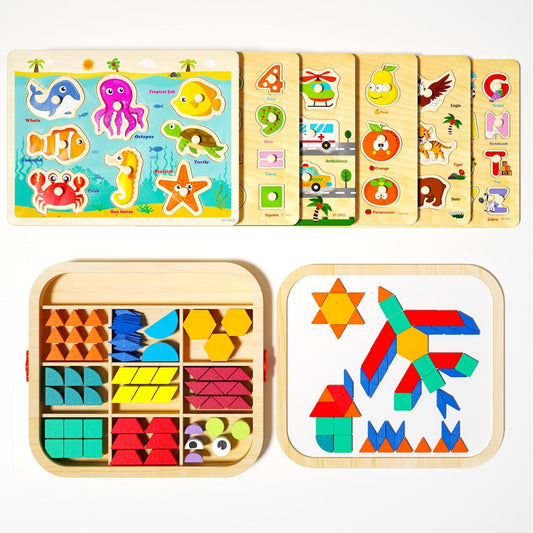 Wooden magnetic pattern blocks forming shapes on a board beside peg puzzles