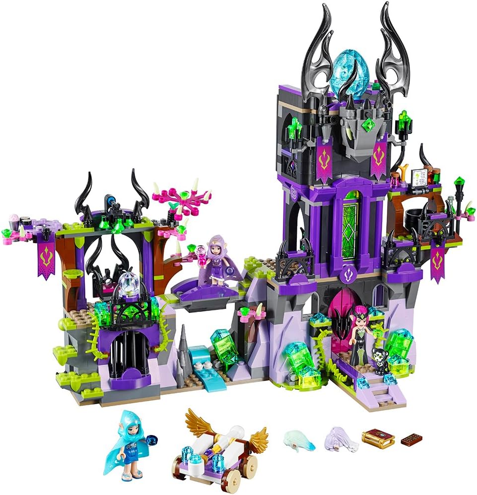 Brick-built three-level castle with mini-doll figures and baby dragon