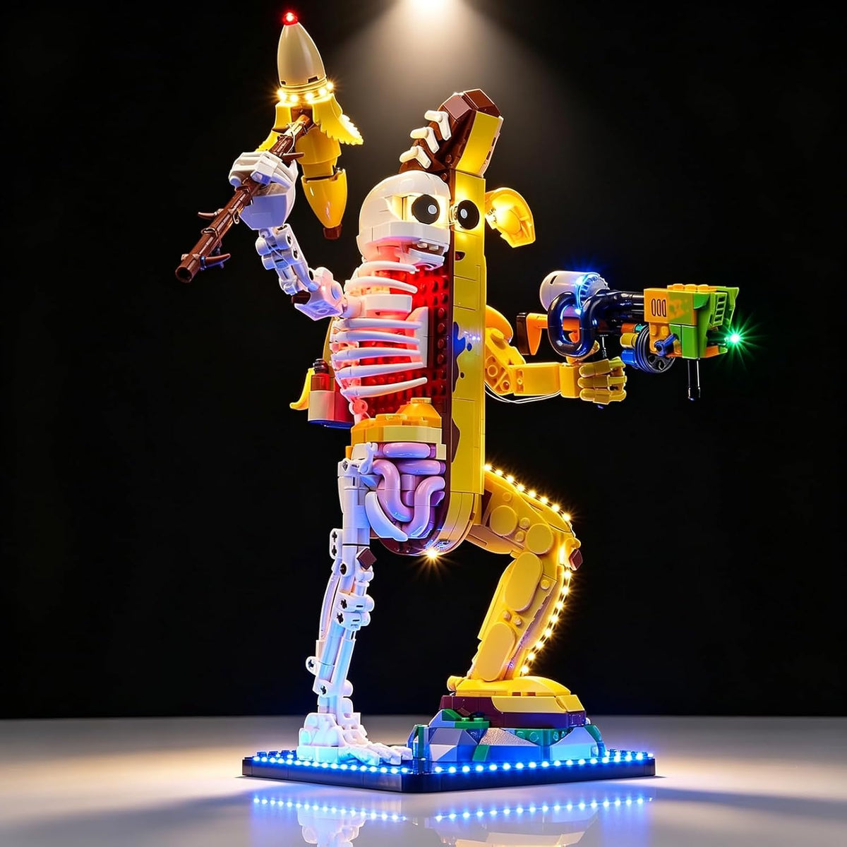 Brick-built mecha robot lit with blue and white LEDs in a dark setting – view 2