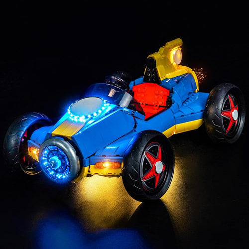 Brick go-kart racing set glowing with added LED lights