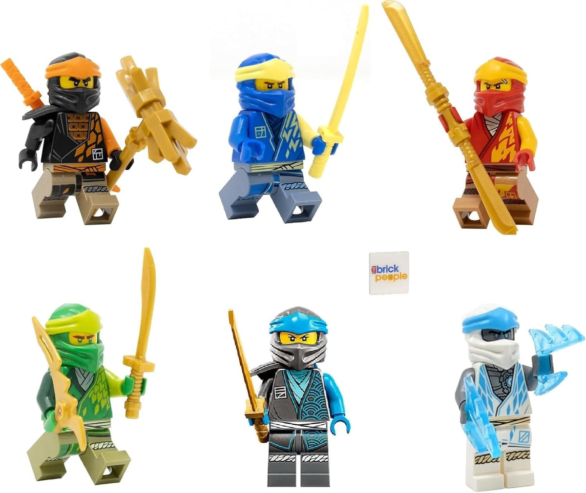 Six colorful ninja minifigures standing in a row holding weapons