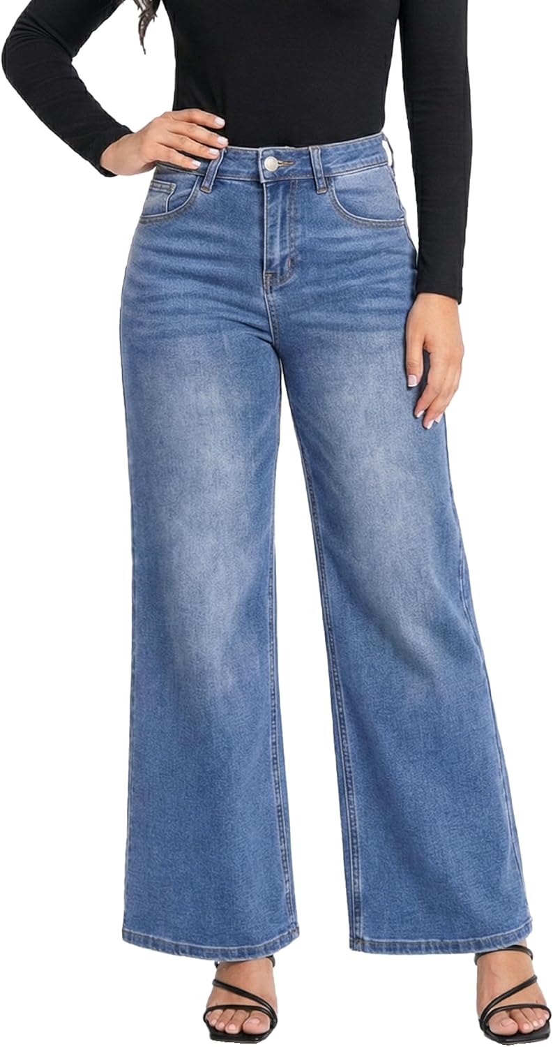 Women's High Waisted Wide Leg Jeans - Loose Stretch Denim with Raw Hem and Tummy Control Waist - 24