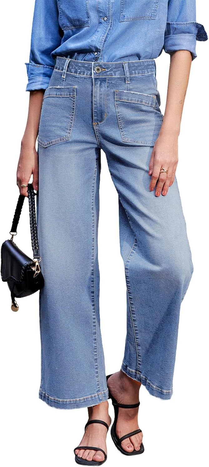 Women's Wide Leg Ankle Jeans - High Waisted Stretch Denim with Four Patch Pockets and Distressing - 2