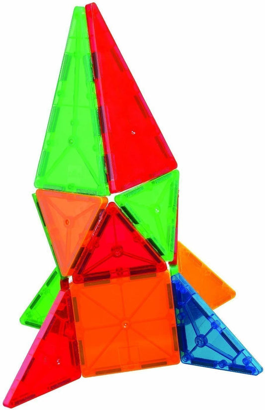 Clear colorful magnetic tiles built into a 3D structure with a small car