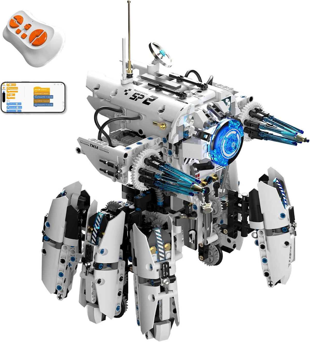 Assembled programmable robot from a construction kit beside its remote control