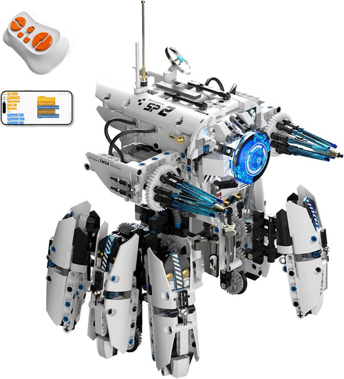 Assembled programmable robot from a construction kit beside its remote control