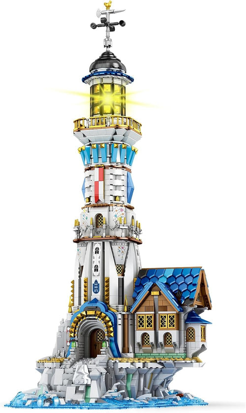 Medieval lighthouse brick model with lit tower