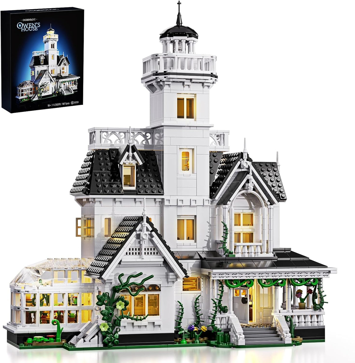 Dark brick-built haunted house glowing with warm LED light in the windows